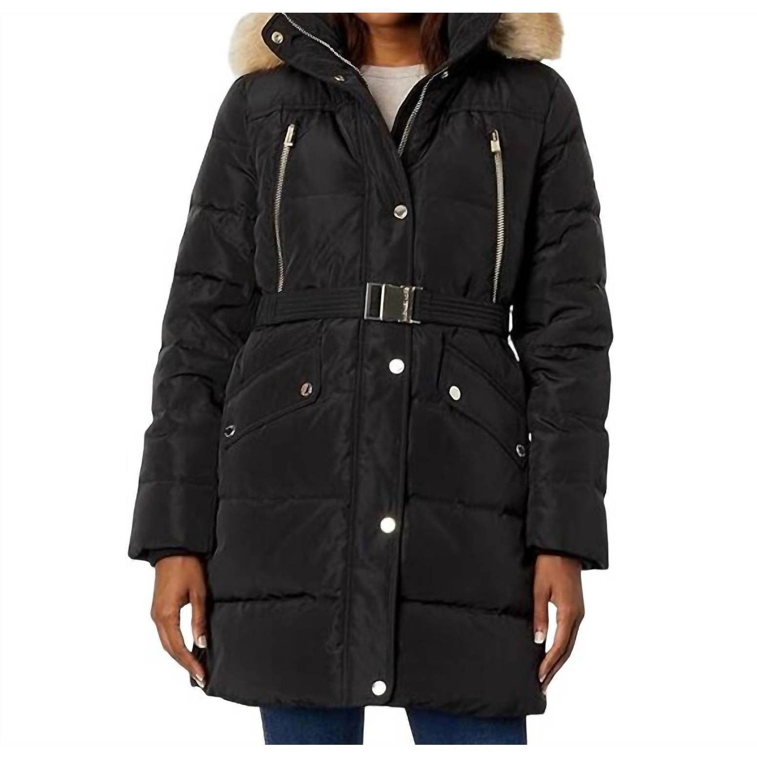 New Michael Kors Belted Faux Fur 3/4 Length Puffer Coat In Black